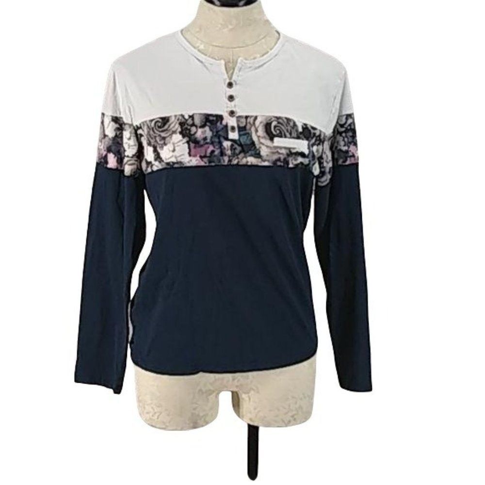 Boutique Fashion Tri Color‎ floral Long Sleeve Henley Shirt Small